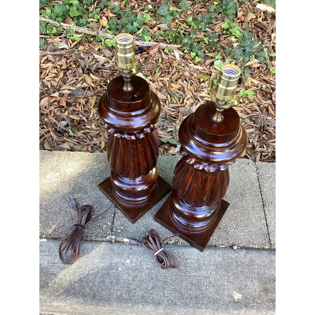 Late 20th Century Traditional Carved Wood Urn-Form Table Lamps With Brass Hardware - Pair For Sale - Image 5 of 5