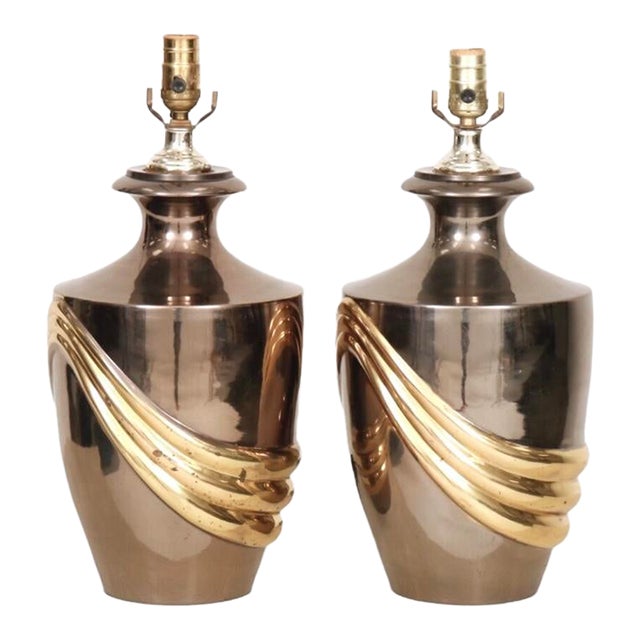 Chrome & Brass Swag Table Lamps, a Pair For Sale