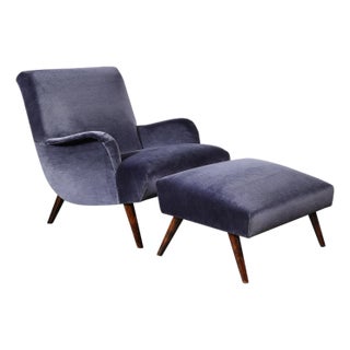 Mid-Century Lounge Chair & Ottoman in Aubergine Velvet & Tapered Walnut Supports For Sale