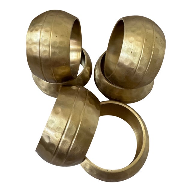 Vintage Hammered Brass Napkin Rings- Set of 6 For Sale