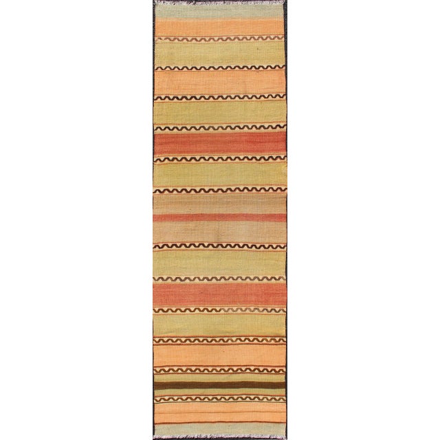 Vintage Turkish Hand Woven Kilim Runner With Stripes in Red, Green, Yellow, and Orange For Sale - Image 11 of 11