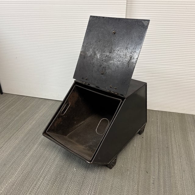 Design Plus Gallery presents a Victorian Coal Scuttle or Hod. Traditional styling in black Tole with brass plaque and...