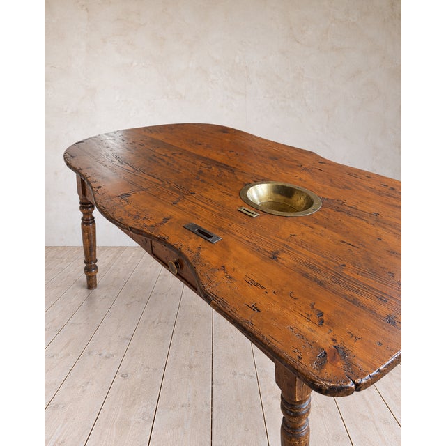French Provincial 19th Century European Long Country Table With Turned Legs & Inset Brass Bowl For Sale - Image 3 of 11