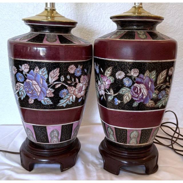 Pair of Vintage Chinoiserie Floral Ginger Jar Style Lamps 1970s For Sale - Image 4 of 11