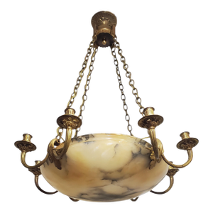 Large 19th Century French Louis XVI Style 6 Arm Gilt Bronze & Carved Alabaster Chandelier