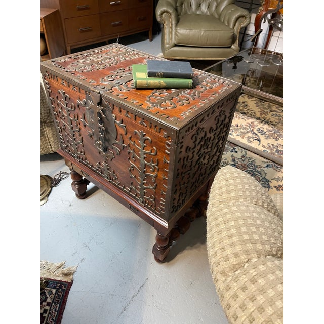 English Late 20th Century Vintage Tudor Style Wood and Iron Trunk on Stand For Sale - Image 3 of 12