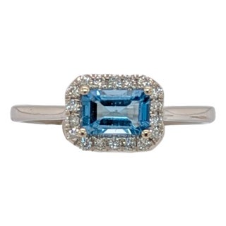 East West Aquamarine Ring With Earth Mined Diamonds Halo: Solid 14k Gold, Size 6.75 For Sale