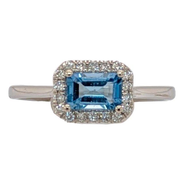 East West Aquamarine Ring With Earth Mined Diamonds Halo: Solid 14k Gold, Size 6.75 For Sale