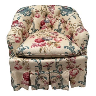 Baker Tufted Skirted Chair With Chintz Floral Fabric For Sale