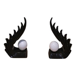 1980s Art Deco Inspired Winged Globe Lights - a Pair For Sale