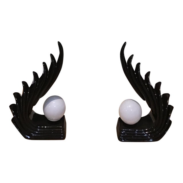 1980s Art Deco Inspired Winged Globe Lights - a Pair For Sale