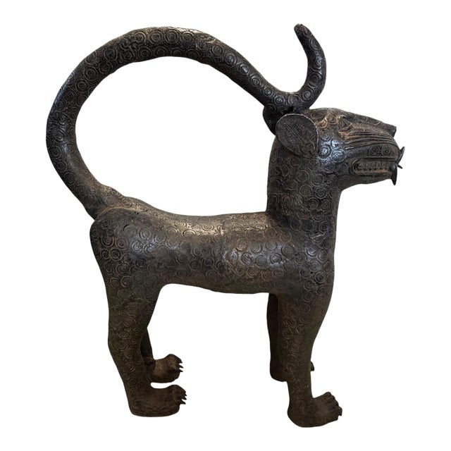 Vintage Large Benin Bronze Sculpture of a Leopard 32" H Nigeria For Sale