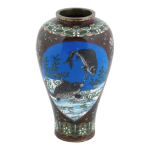 Antique Japanese Cloisonne Goldstone Enamel Fish and Mantis Amphora Shaped Vase