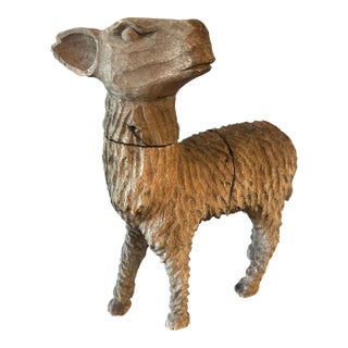 Antique European Folk Art Carved Wooden Sheep Sculpture For Sale