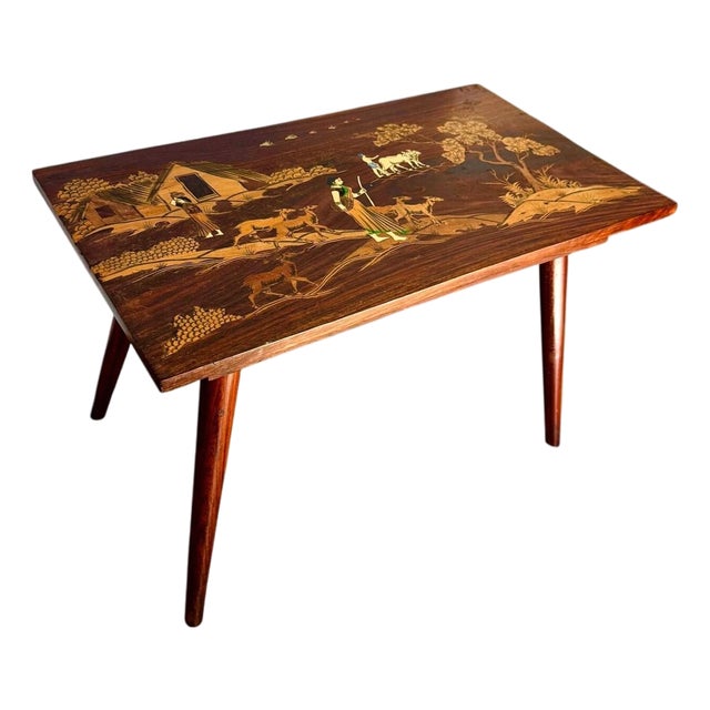 1950's Indian Rosewood & Bone Inlay Coffee Table Bench Removable Legs Serving Tray For Sale