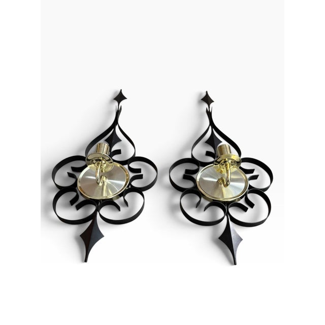 Vintage Mid-Century Modern Black & Gold Atomic Wall Sconces | Pair For Sale - Image 4 of 6
