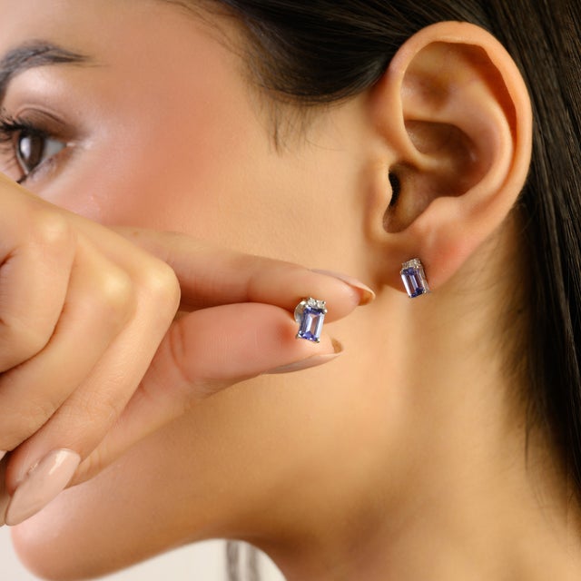 Not Yet Made - Made To Order Vintage Emerald Cut Tanzanite & Diamond Stud Earrings in Sterling Silver- A Pair For Sale - Image 5 of 13