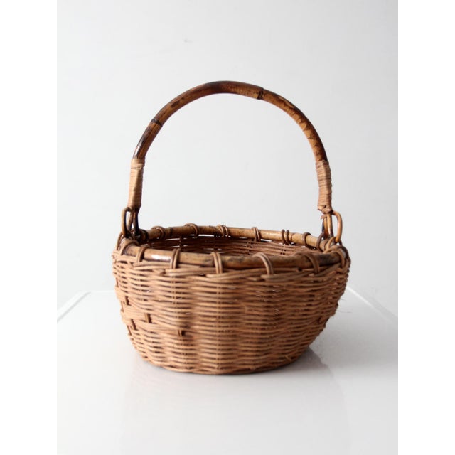 Brown Vintage Woven Gathering Basket With Bamboo Handle For Sale - Image 8 of 13