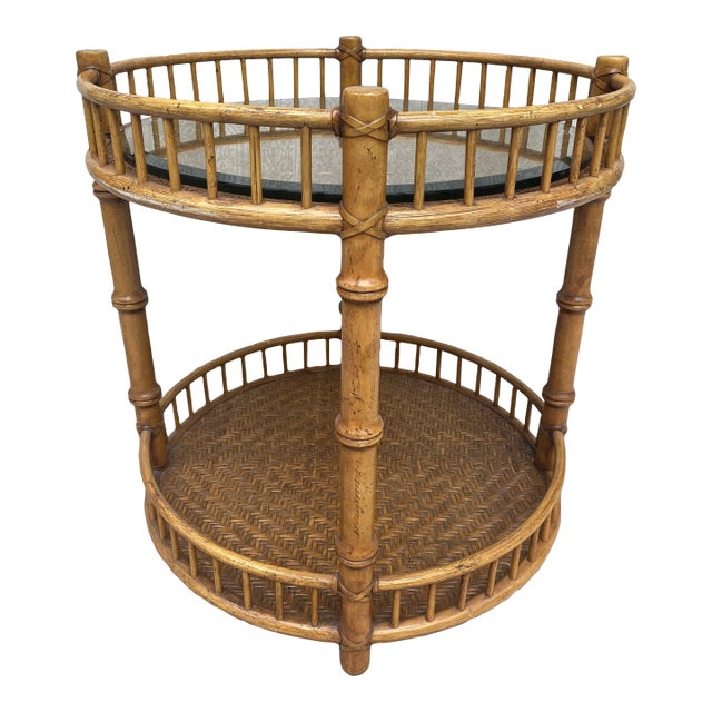 Vintage Rattan Occassional or Tea Table With Woven Insets and Glass Top For Sale