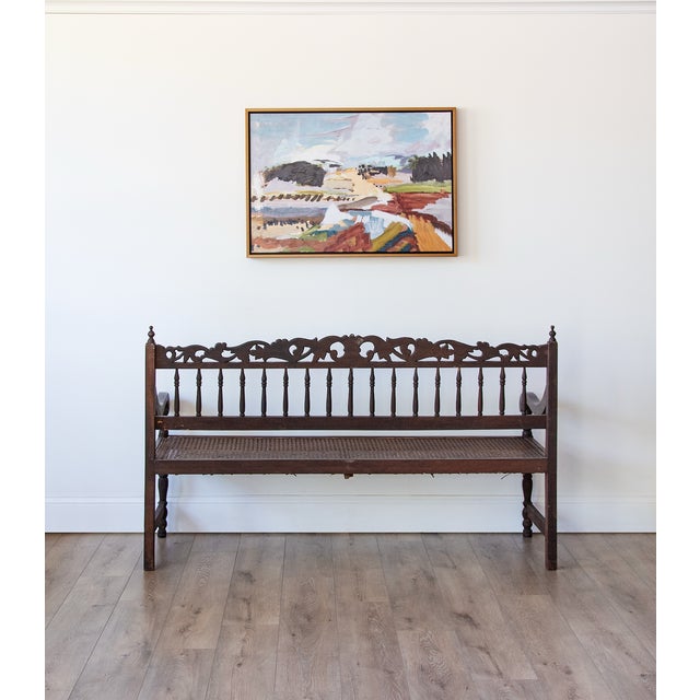 English 19th Century Anglo-Indian Hand-Carved Hardwood Hall Bench With Original Cane Seat For Sale - Image 3 of 4