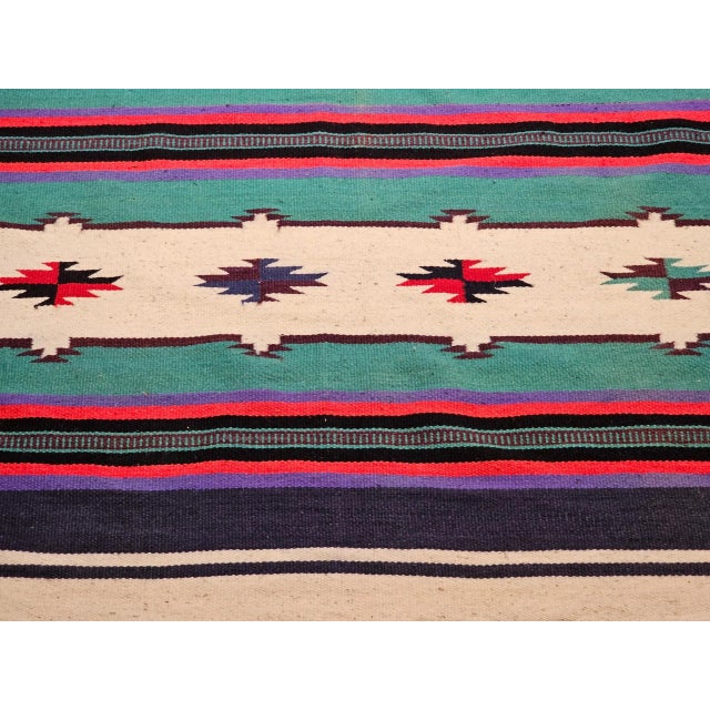 Blue Vintage American Southwestern Kilim, Handwoven Wool, Stripe Pattern, Ivory & Green, 4’ X 8’ For Sale - Image 8 of 12