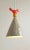 Handmade gray ceramic cone shaped pendant light is detailed with white stripes. A red, handmade bird and mustard yellow...