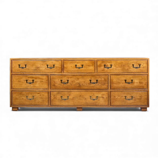 Henredon Campaign Mid Century Oak and Brass Lowboy Dresser This lowboy measures: 78 wide x 19 deep x 30 inches high Good...