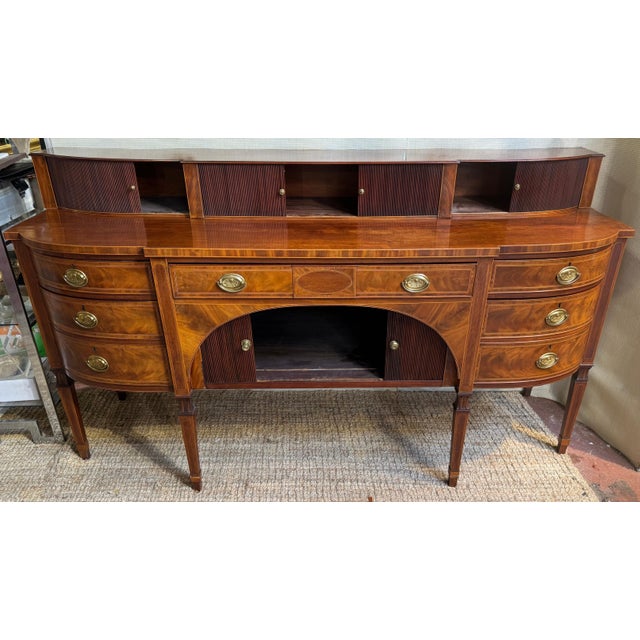 English Georgian Revival Mahogany & Satinwood Inlaid Tambour Sideboard, Late 19C For Sale - Image 9 of 12