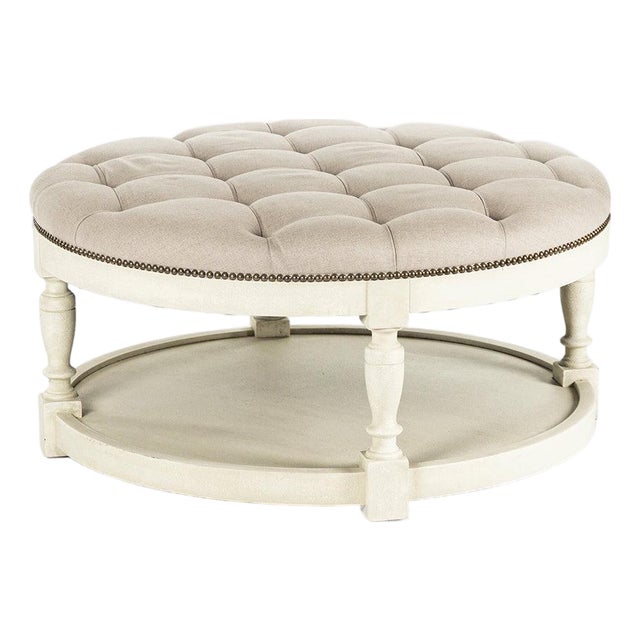 Tammy Nailhead Tufted Round Ottoman - Natural Linen / Ivory Painted Frame For Sale