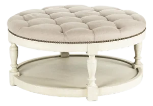 Tammy Nailhead Tufted Round Ottoman - Natural Linen / Ivory Painted Frame