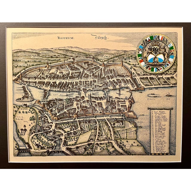 Vintage hand-colored TIGURUM ZURICH Birds Eye View Map from 1635, created by cartographer Willem Blaeu. This physical map,...