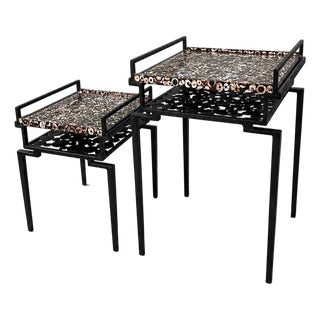 Rare R & Y Augousti Paris Modern Art Deco “Cecilia” Nesting Tables With Hand Inlaid Shell Mosaic Tray Top For Sale