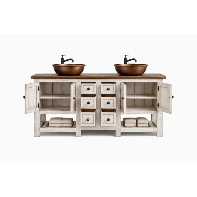 72" Rustic Farmhouse Double Sink Bathroom Vanity With Copper Vessel Sinks – Spanish Colonial Style For Sale - Image 4 of 5