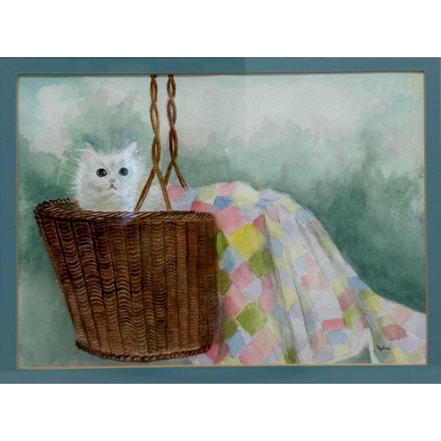 Shabby Chic 1980s Watercolor Painting of a White Cat in a Basket, "Hide and Seek" Signed by Nedra Wood For Sale - Image 3 of 11