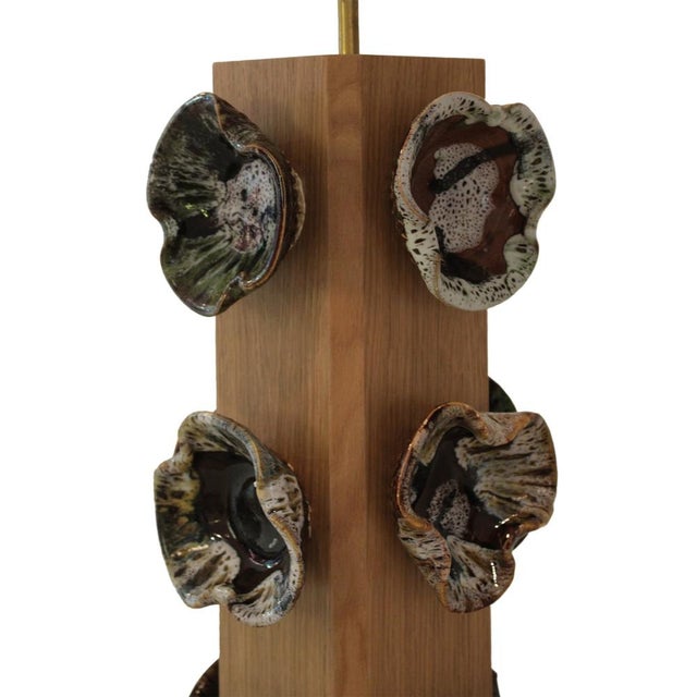 German Ceramic Flower and Oak Table Lamps, Germany, 2010s, Set of 2 For Sale - Image 6 of 11