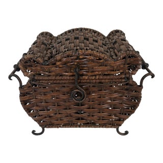 Antique Arts & Crafts Wicker Sewing Basket With Wrought Iron Handles, C. 1900 For Sale