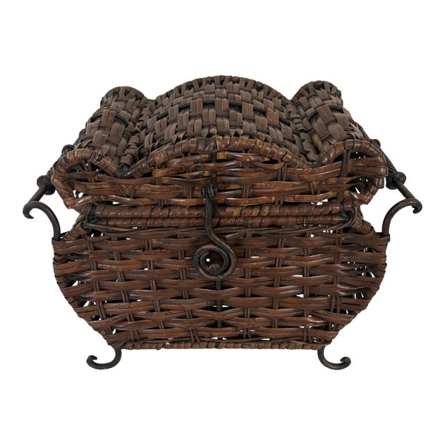 Antique Arts & Crafts Wicker Sewing Basket With Wrought Iron Handles, C. 1900 For Sale