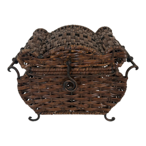 Antique Arts & Crafts Wicker Sewing Basket With Wrought Iron Handles, C. 1900