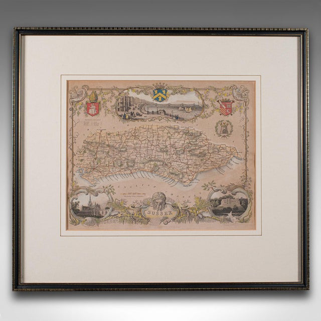 This is an antique lithography map of Sussex. An English, framed atlas engraving of cartographic interest, dating to the...