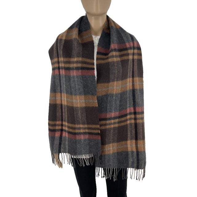 English Late 20th Century Barbour Brown Plaid 100% Wool Scarf For Sale - Image 3 of 9