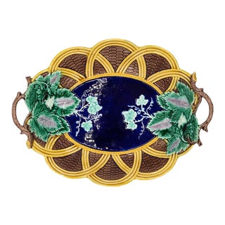 Wedgwood Majolica Basketweave and Grape Bread Tray, Cobalt Center, Dated 1870 For Sale