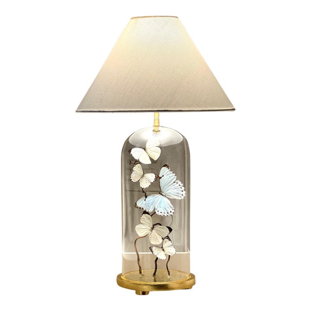 White and Light Blue Butterfly Cloche Lamp For Sale