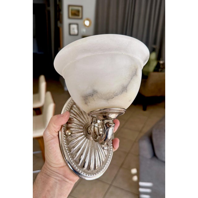 Pair Silver Nickel Alabaster Sunburst Wall Sconces For Sale - Image 17 of 18