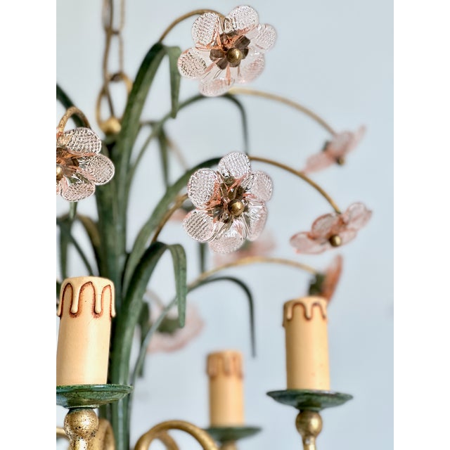 Italian Pink Glass Floral Chandelier with Gilt Tole Leaves from Banci Firenze, 1970s For Sale - Image 15 of 16