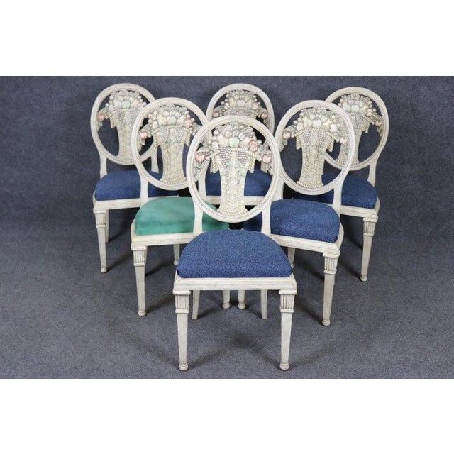 Rare Set of 6 Directoire Dining Chairs With Elaborate Carved Backs For Sale In Philadelphia - Image 6 of 17