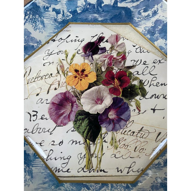 Marye-Kelley Signed Floral & Toile Découpage 8.75” Octagon Plates - Set of 2 For Sale - Image 4 of 11