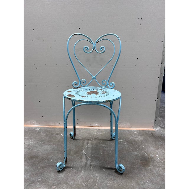 Antique French Wrought Iron Heart-Back Bistro Chairs, Pair, Original Chippy Blue Paint For Sale - Image 10 of 10