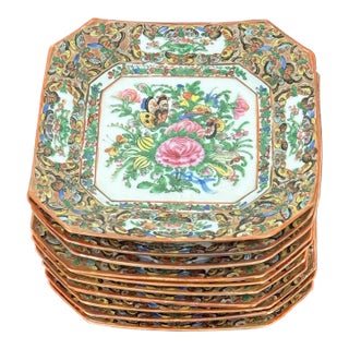Antique Canton Rose Thousand Butterflies Porcelain Plates, Set of Ten For Sale