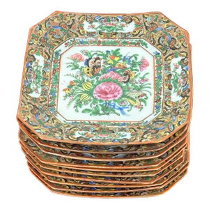 Antique Canton Rose Thousand Butterflies Porcelain Plates, Set of Ten