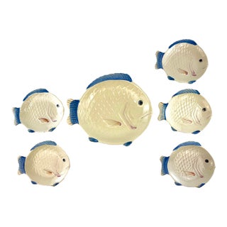 Vintage Japanese Hand-Painted Ceramic Fish Plates & Serving Platter – Set of 7 For Sale